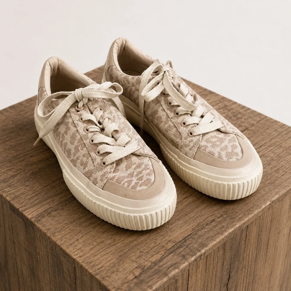 Zara Animal Print Platform Sneakers Womens Size 7.5 38 Beige Canvas  Boho Chic